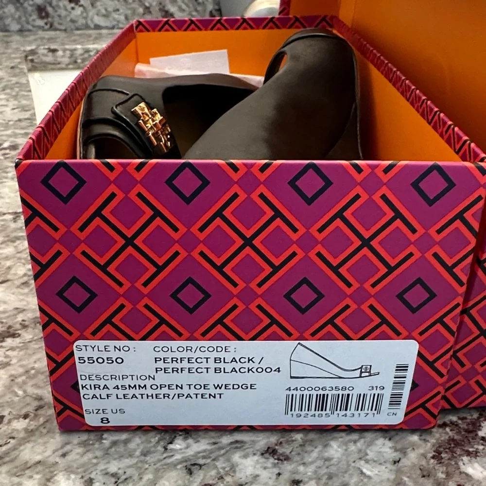 Tory Burch Black Leather Peep-Toe Heels with Gold Logo